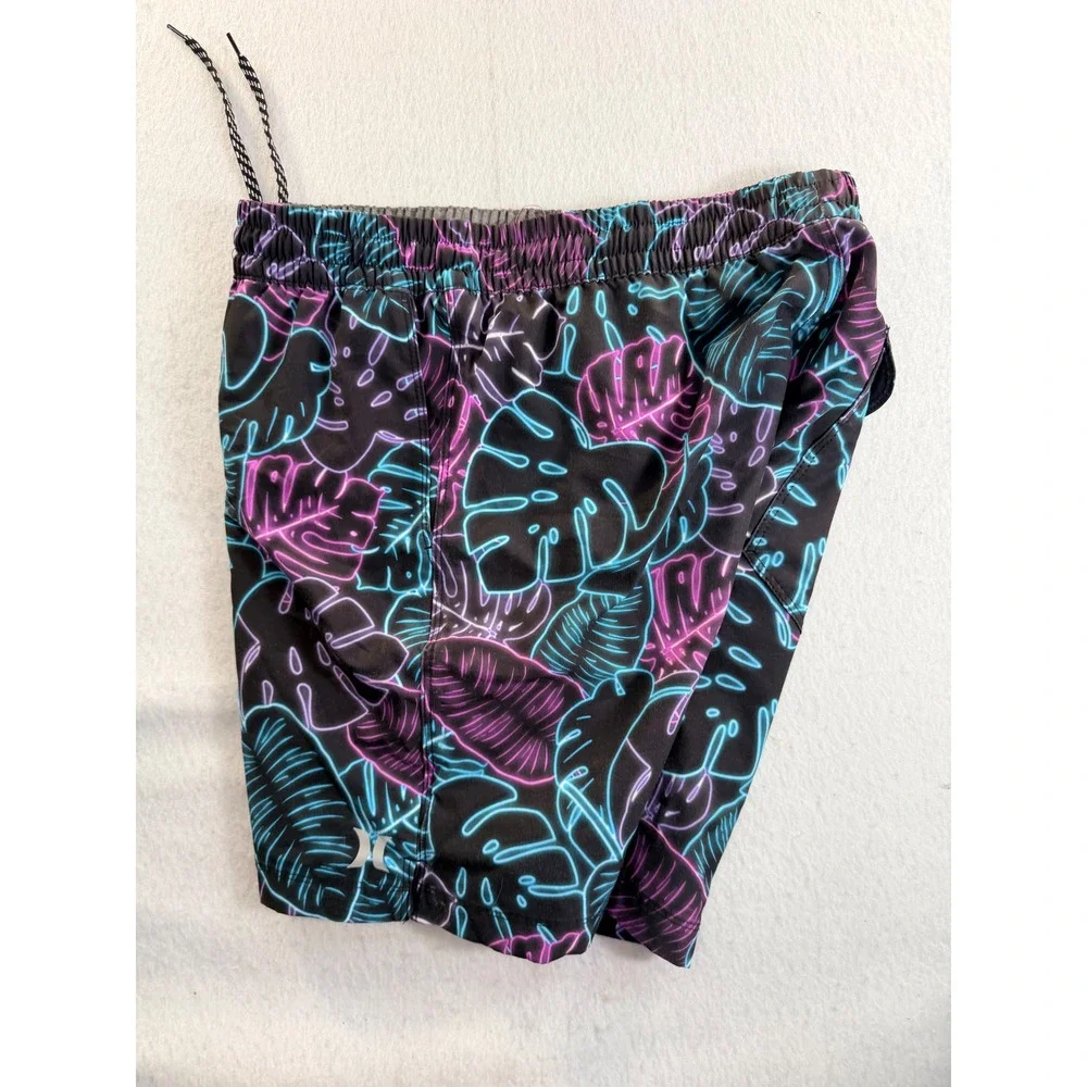 Hurley Mens Small Board Shorts Neon Tropical Leaf Print Black Blue Purple Swim